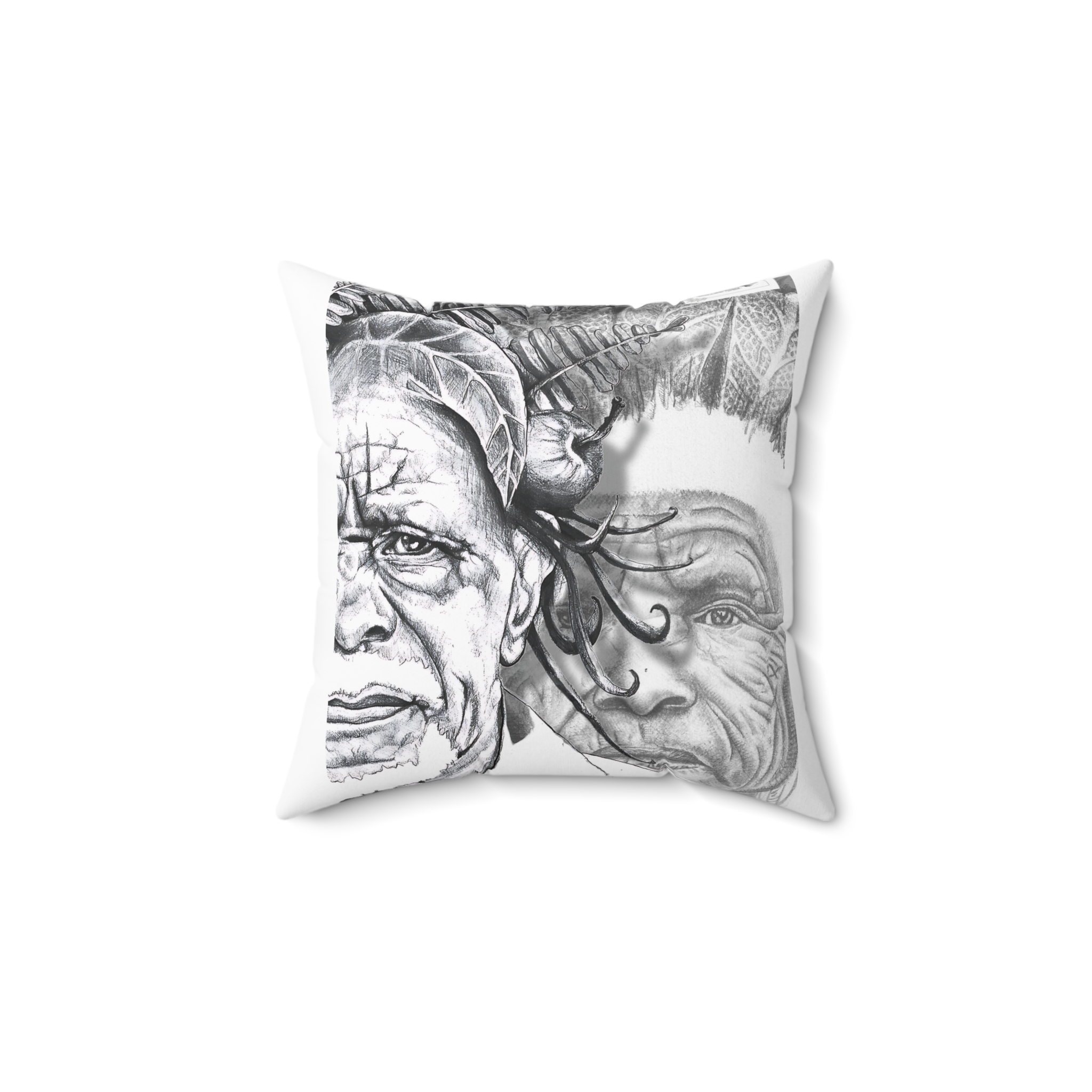 Elder Faces Art Pillow — Monochrome Hand-Drawn Portrait Throw Pillow