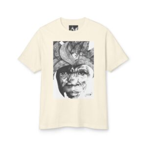 Artistic Portrait Tee — Tribal Headdress Black & White Graphic Cotton Shirt