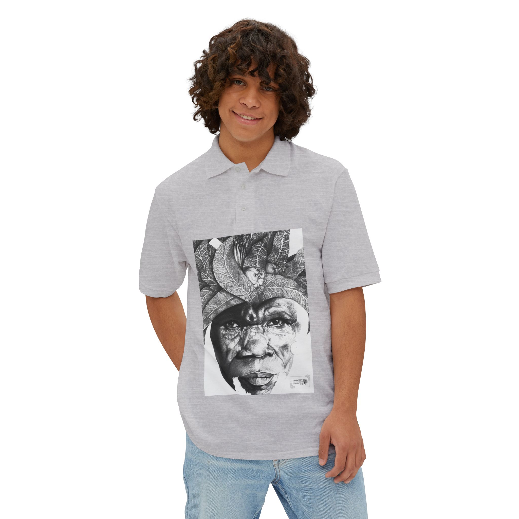 Men's Polo with Monochrome Tribal Portrait Print — Graphic Art Polo Shirt - Image 15