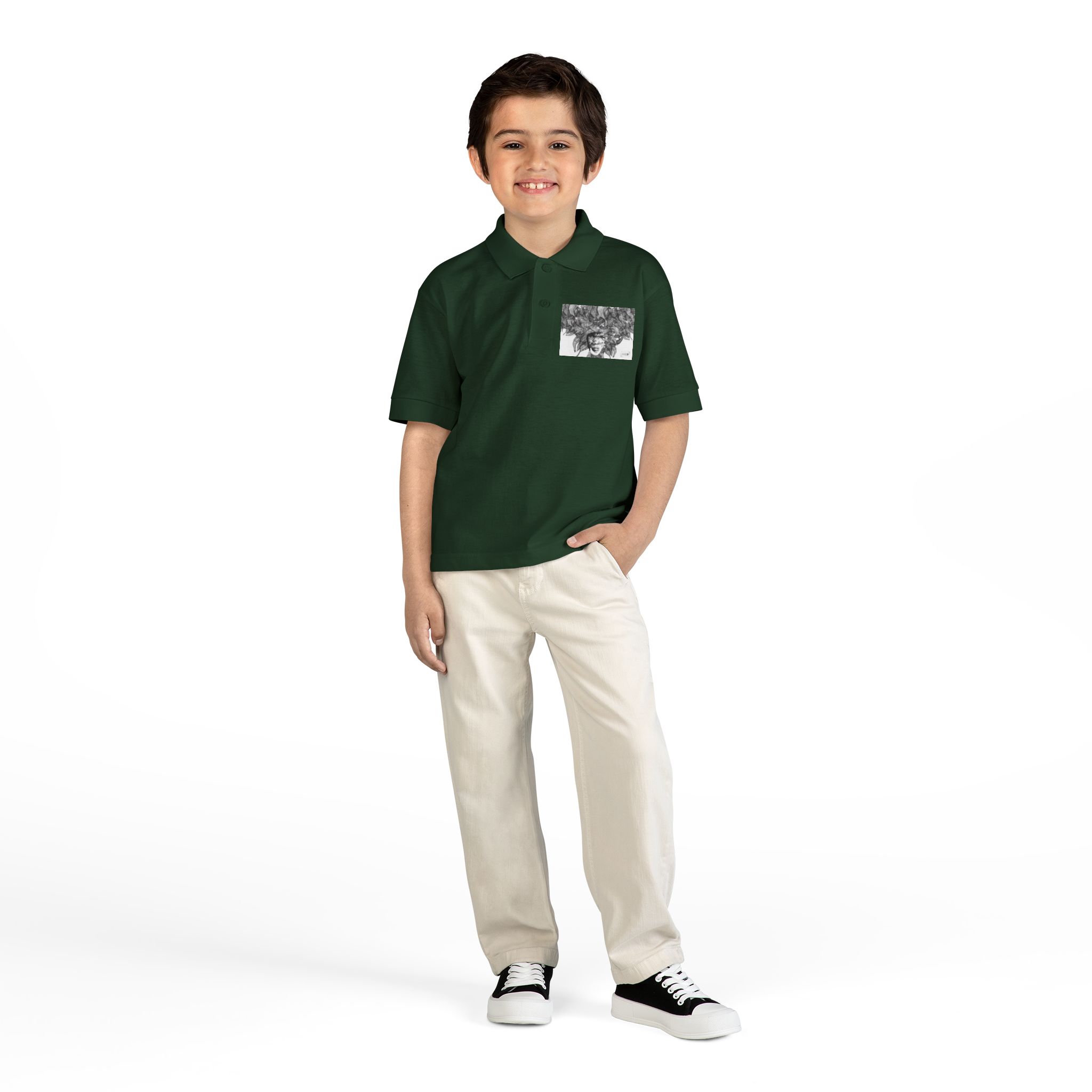 Youth Polo Shirt – Black & White Afro Girl Art Print - Image 24