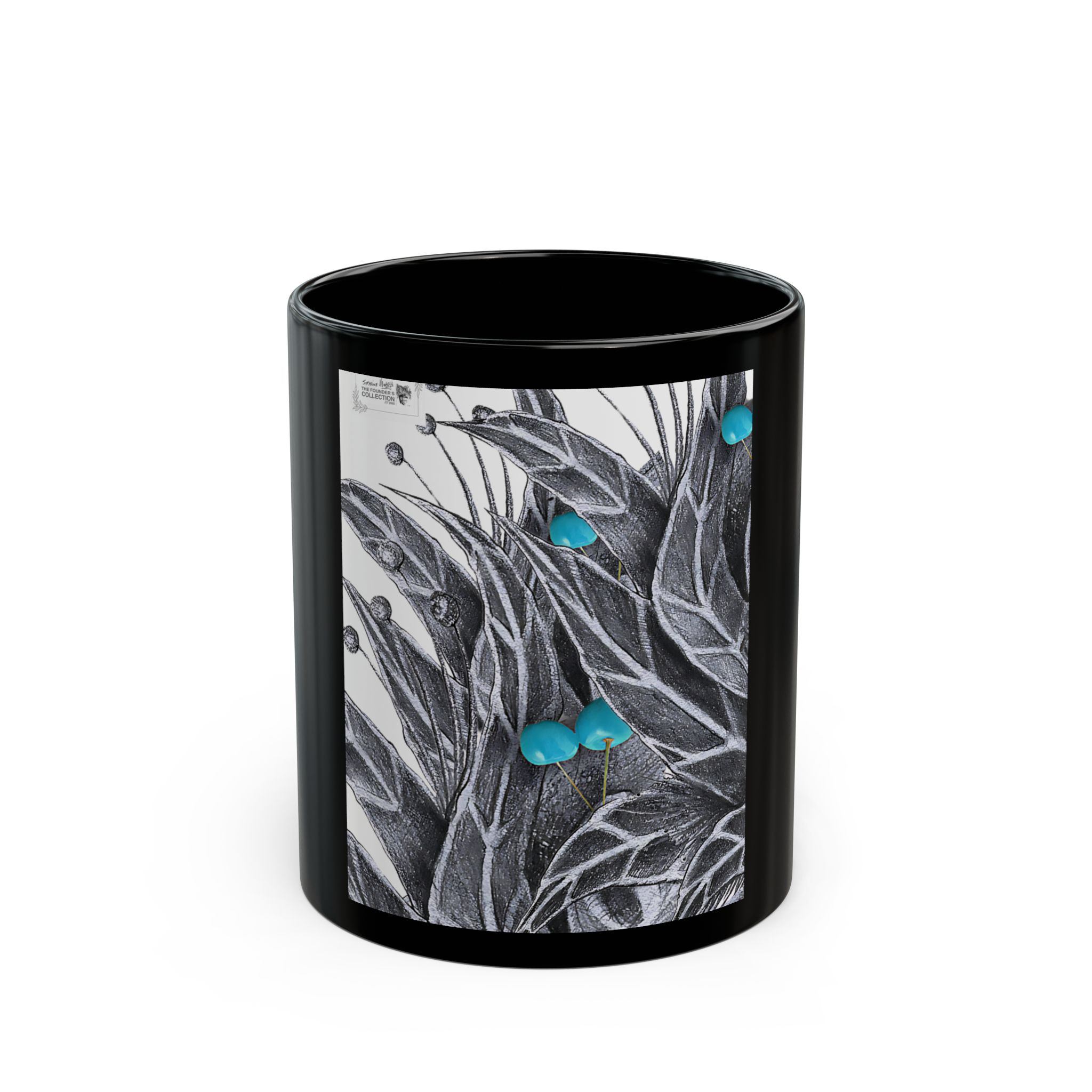 Black Ceramic Mug — Botanical Sketch with Turquoise Berries (11oz & 15oz)