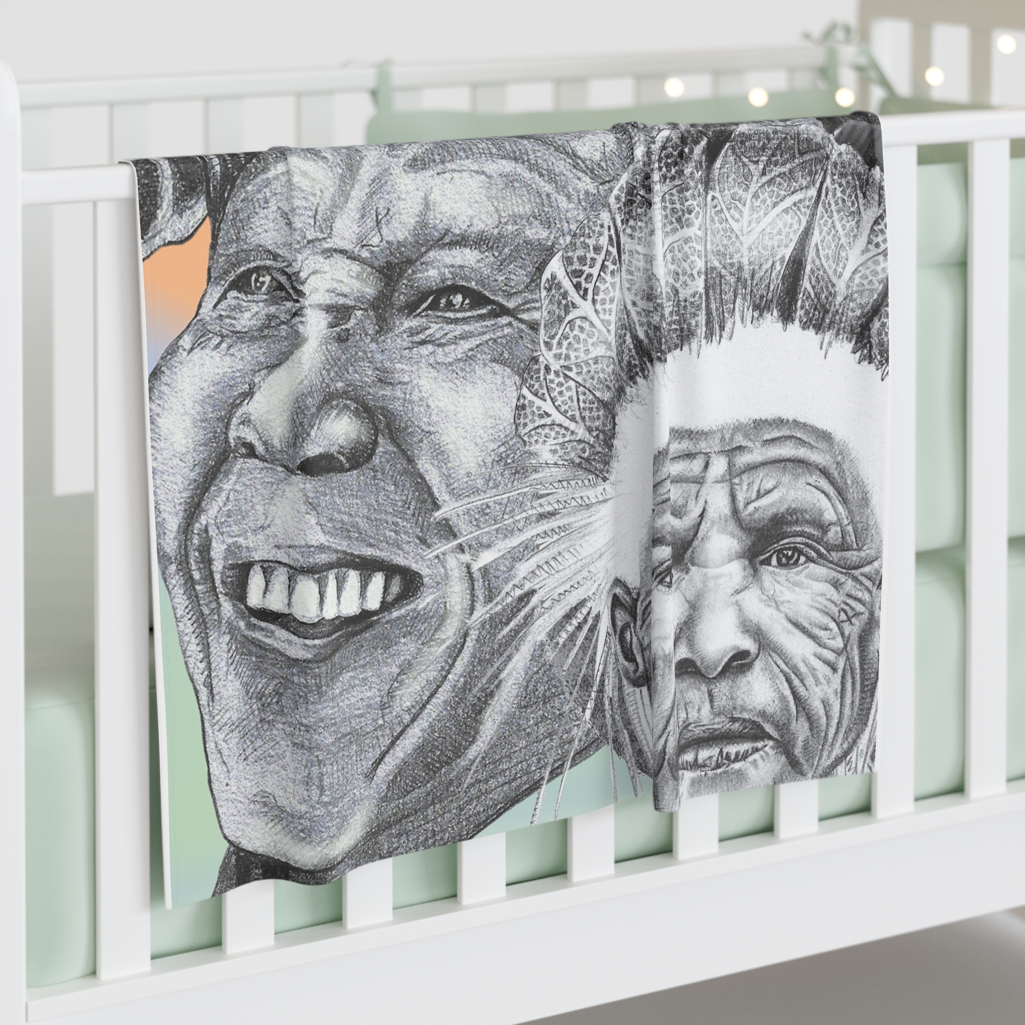 Baby Swaddle Blanket – Hand-Drawn Indigenous Elders Portraits, Soft Newborn Wrap - Image 3
