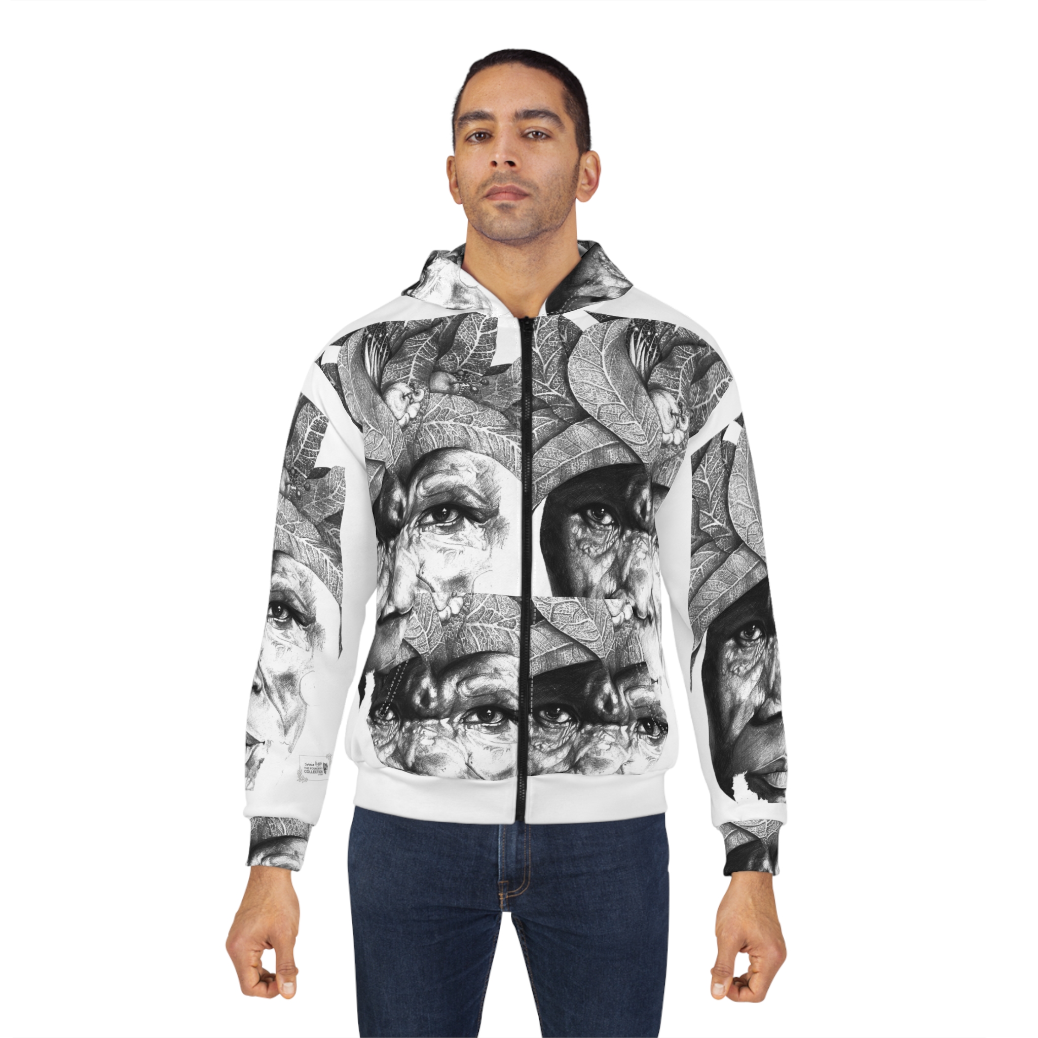 Portrait Art Hoodie — Monochrome Elder Face All-Over Print Zip Hoodie - Image 4