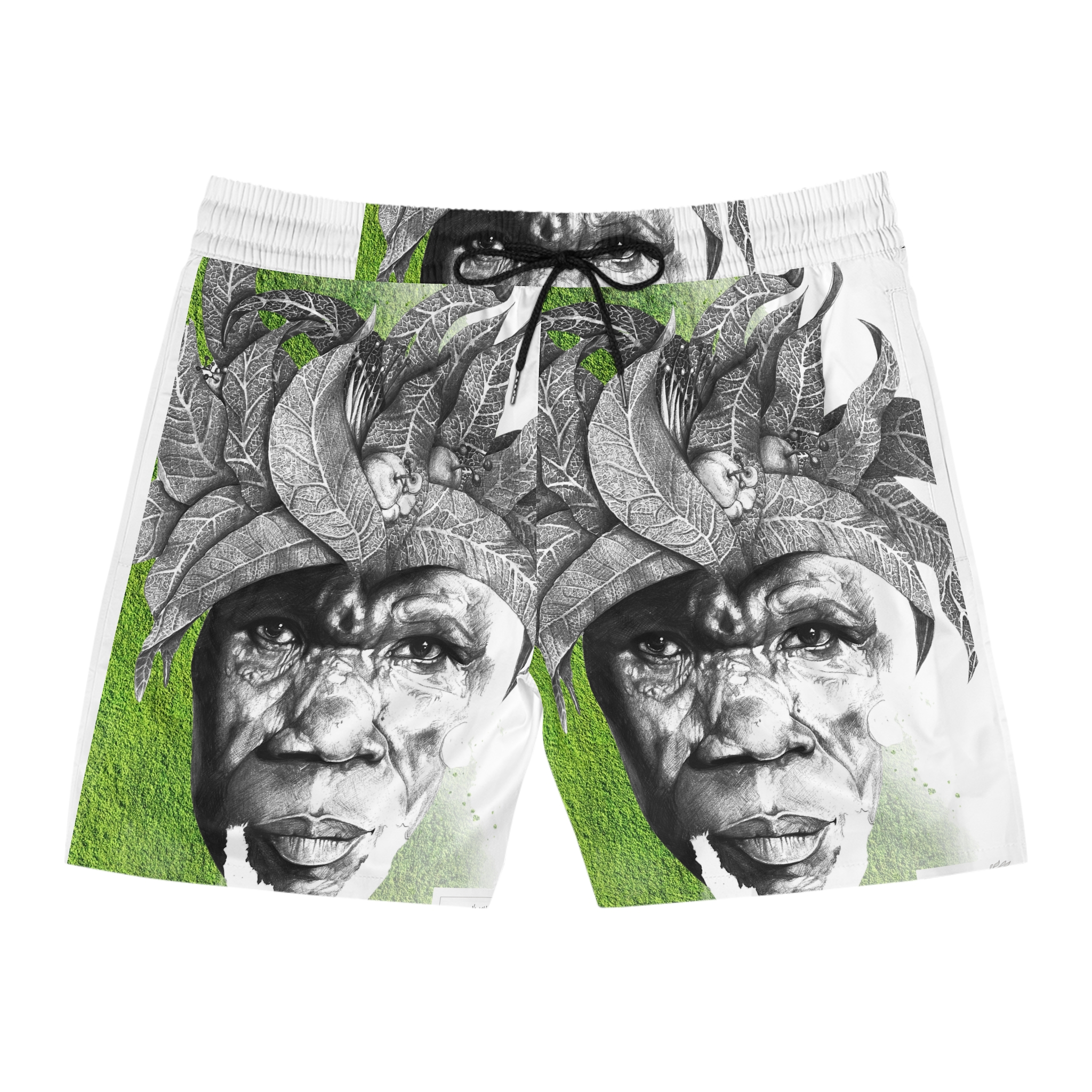 Men's Swim Shorts — Green Portrait AOP Beach Trunks - Image 5
