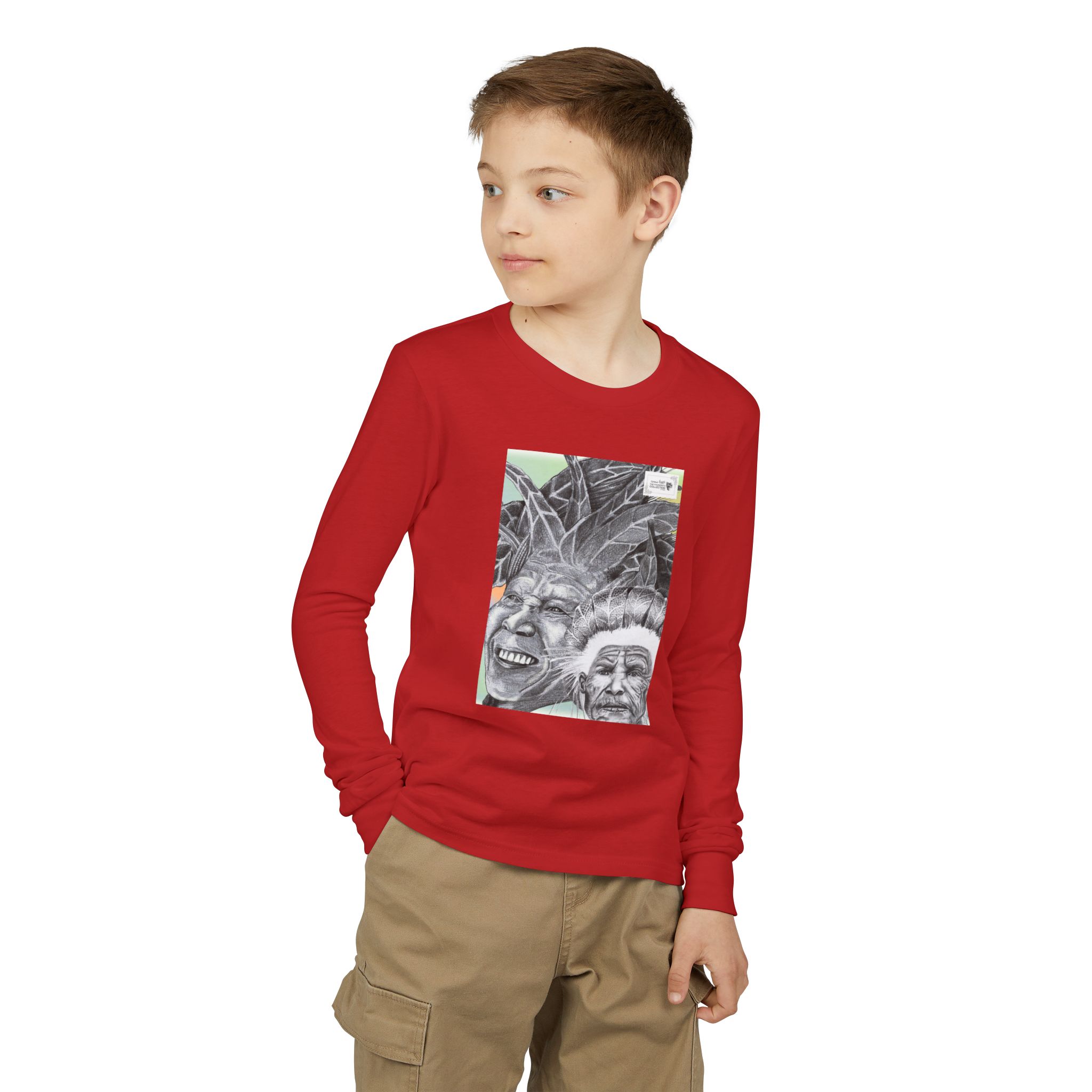 Youth Long Sleeve Tee — Vintage Indigenous Portrait Graphic - Image 43