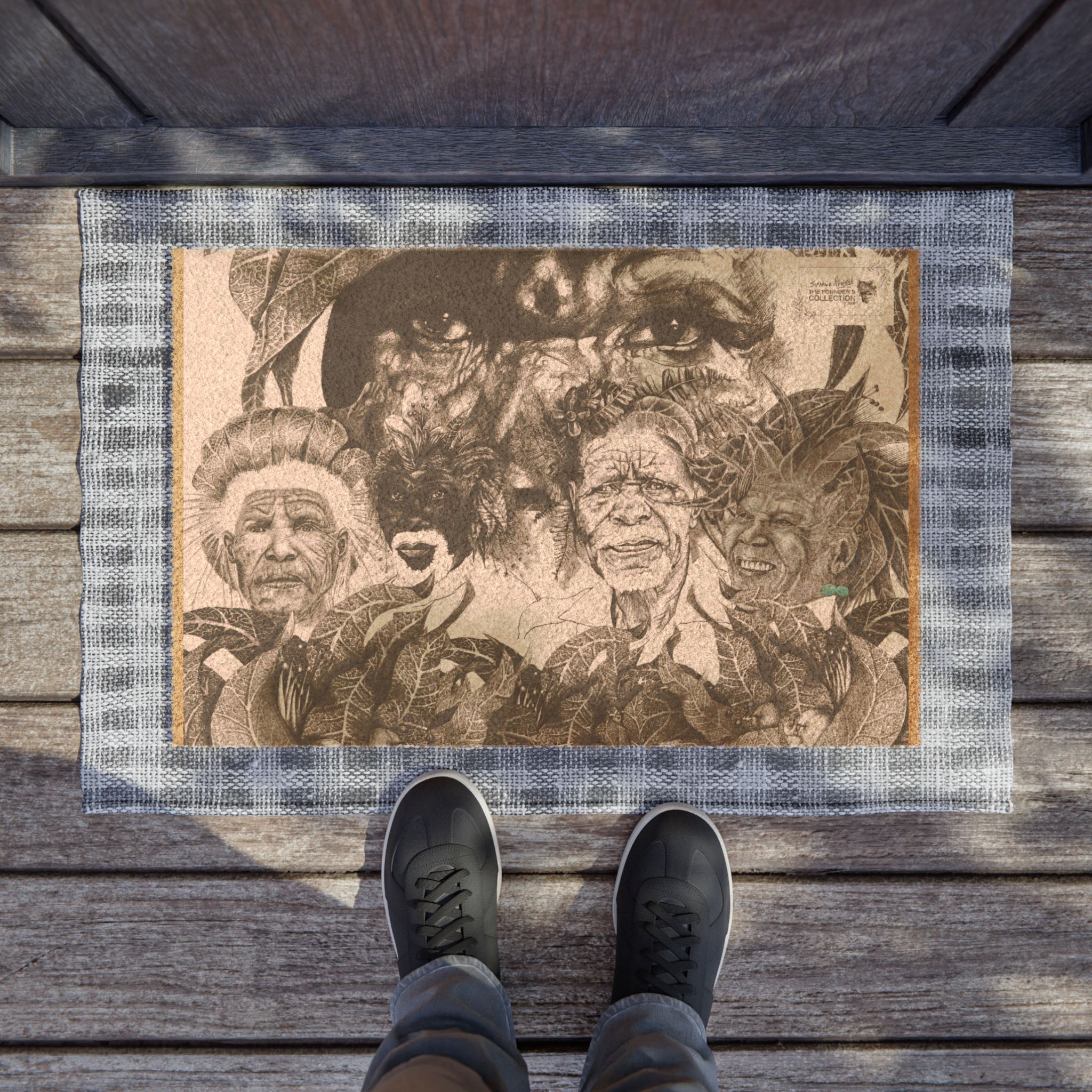 Tribal Elders Portrait Doormat – Rustic Indigenous Art Coir Welcome Mat - Image 3