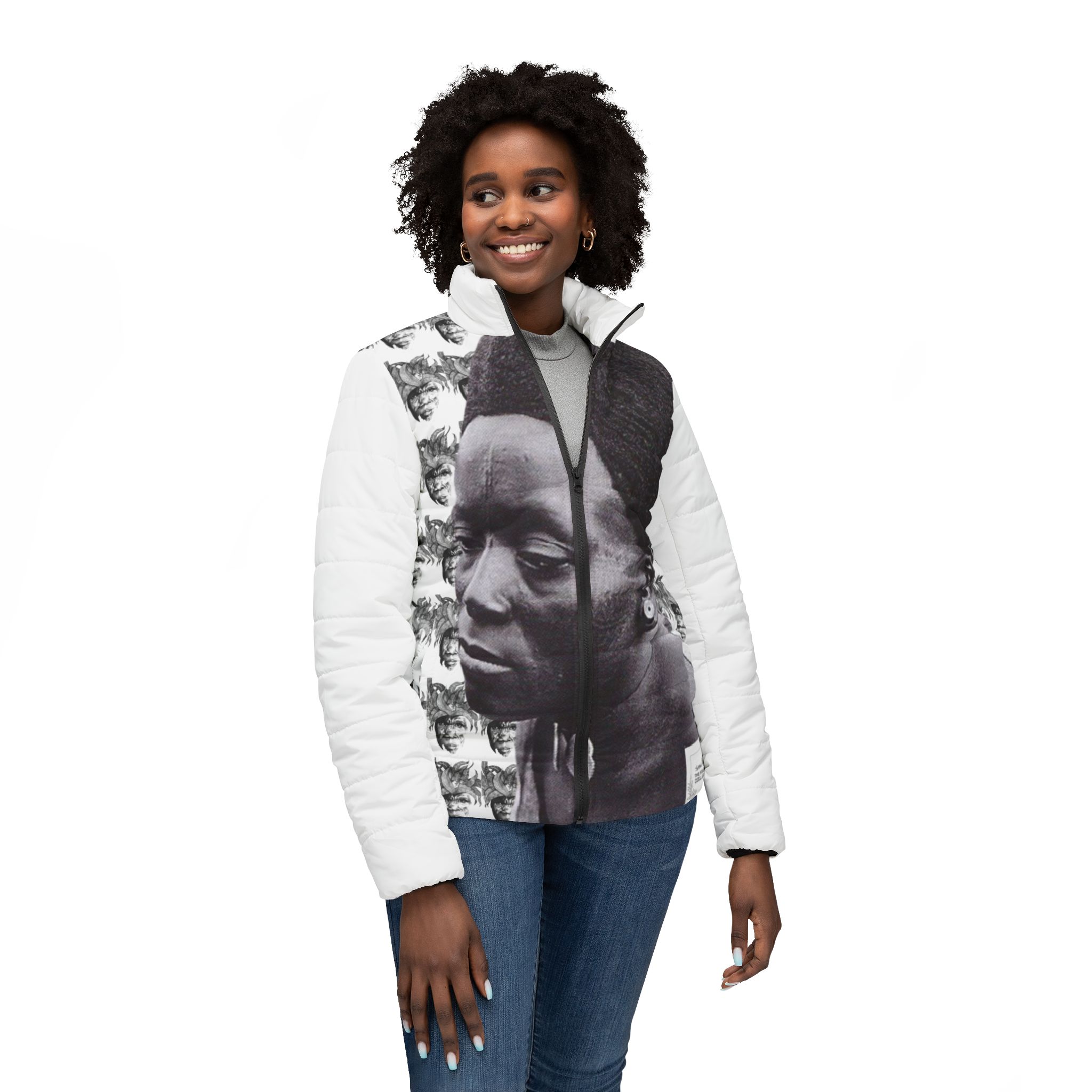 Women’s Photo-Print Puffer Jacket — Vintage Portrait All-Over Print - Image 3