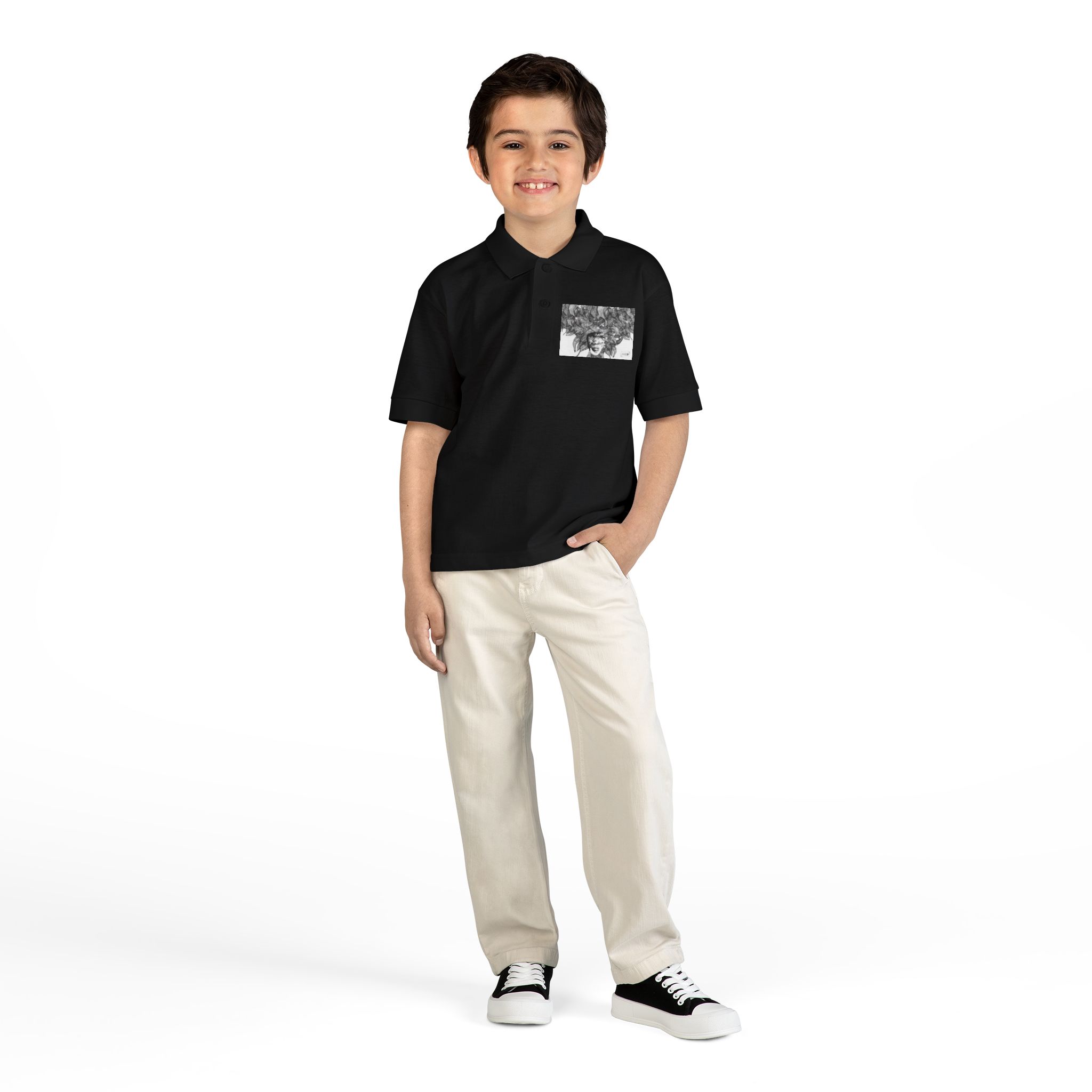 Youth Polo Shirt – Black & White Afro Girl Art Print - Image 8