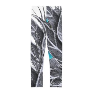 Kids Leggings — Monochrome Botanical Olive Branch Pattern with Teal Accent