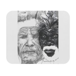 Tribal Faces Mouse Pad — Black & White Indigenous Portrait Desk Mat