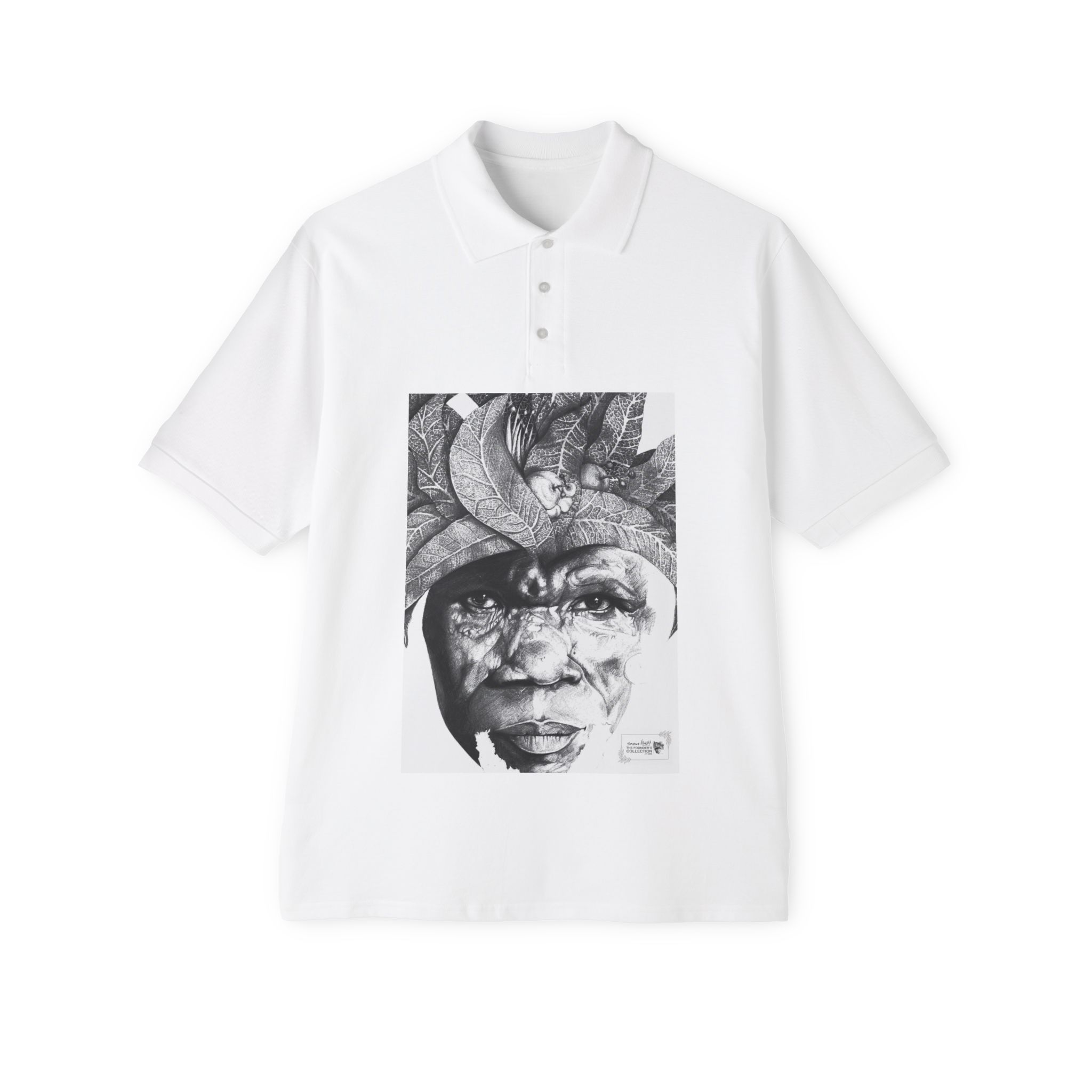 Men's Polo with Monochrome Tribal Portrait Print — Graphic Art Polo Shirt
