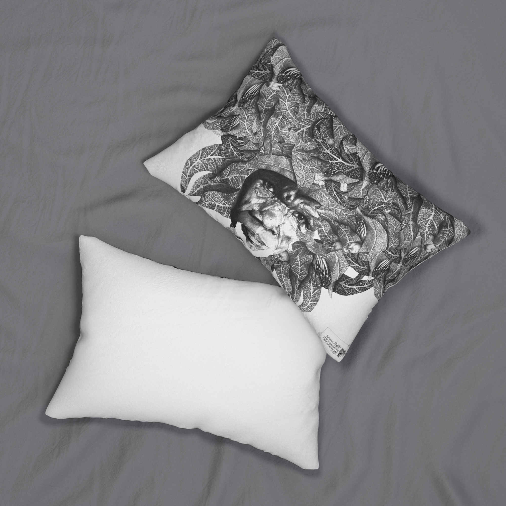 Lumbar Pillow — Black & White Surreal Face with Leaf Hair Decorative Accent - Image 4