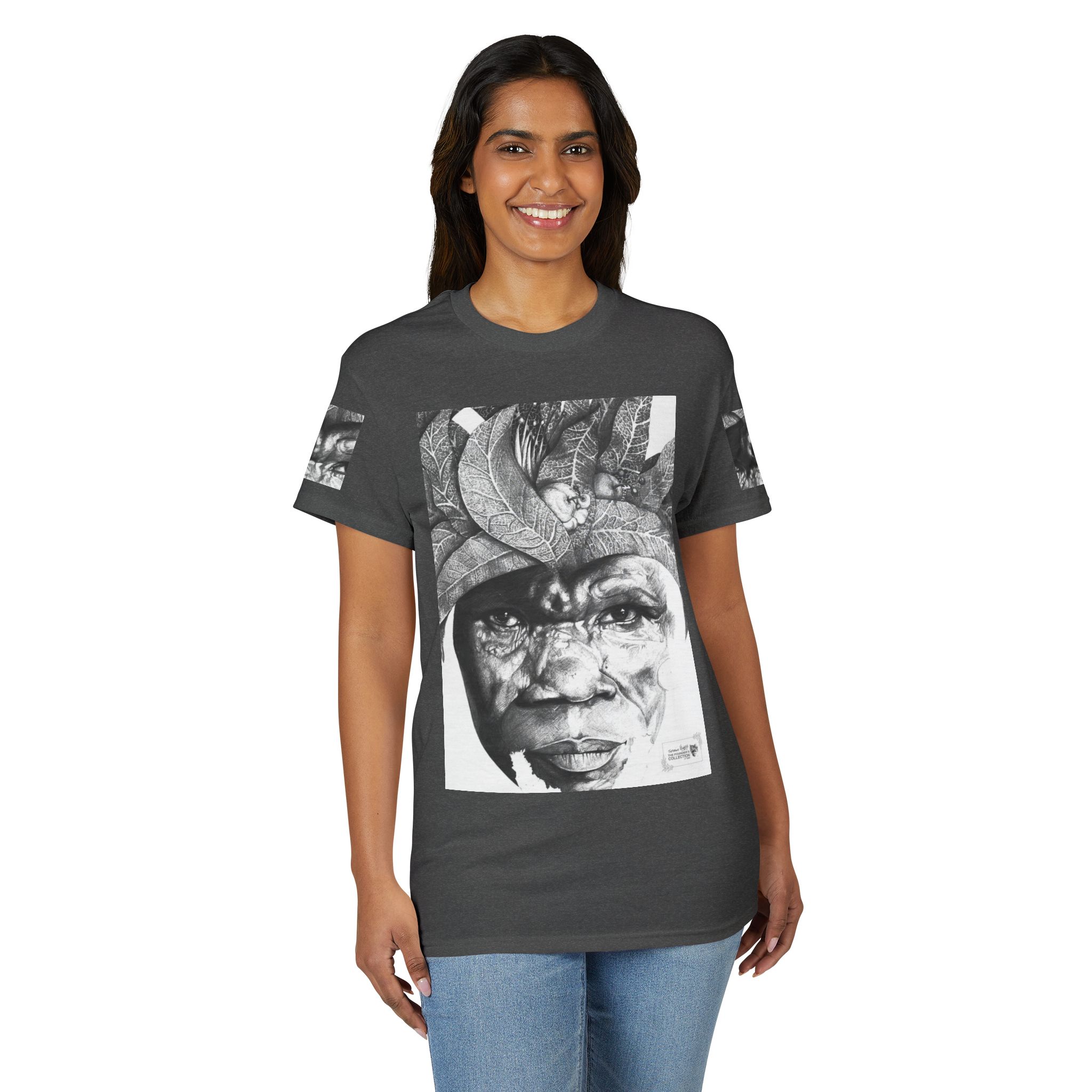Tribal Face Collage T-Shirt — Black & White Portrait Graphic Tee - Image 40
