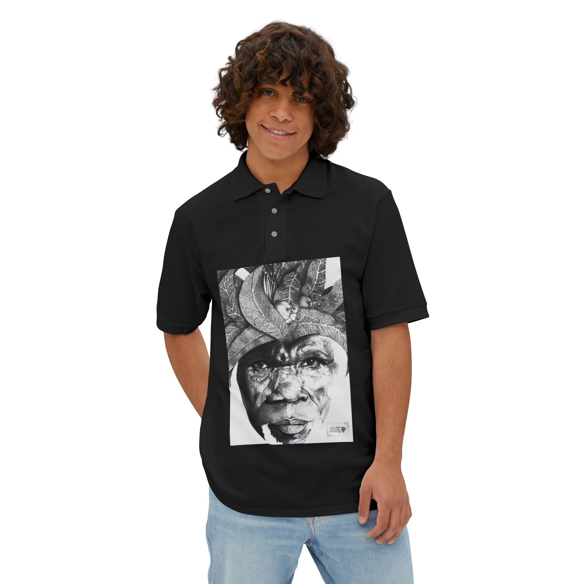 Men's Polo with Monochrome Tribal Portrait Print — Graphic Art Polo Shirt - Image 7