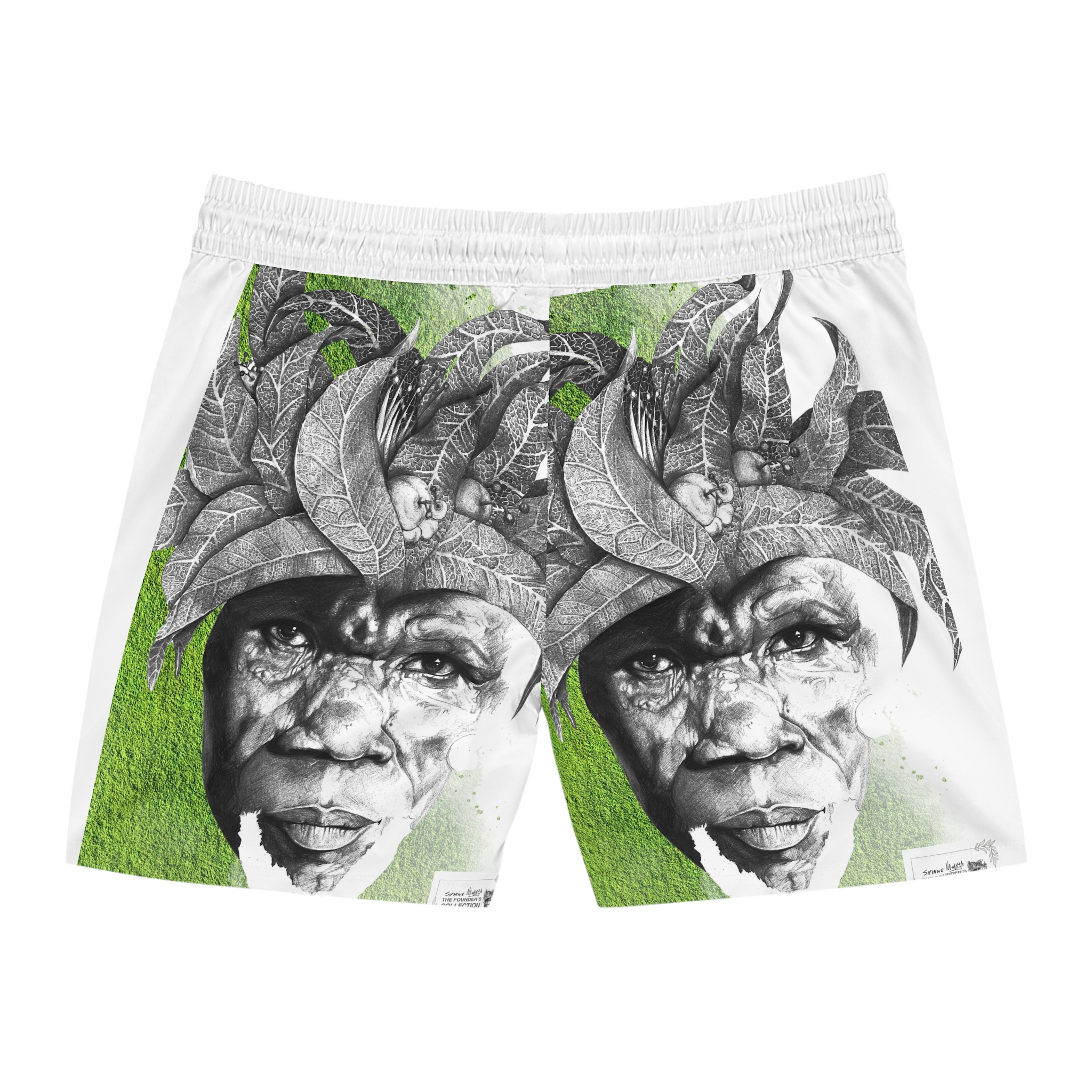 Men's Swim Shorts — Green Portrait AOP Beach Trunks - Image 2