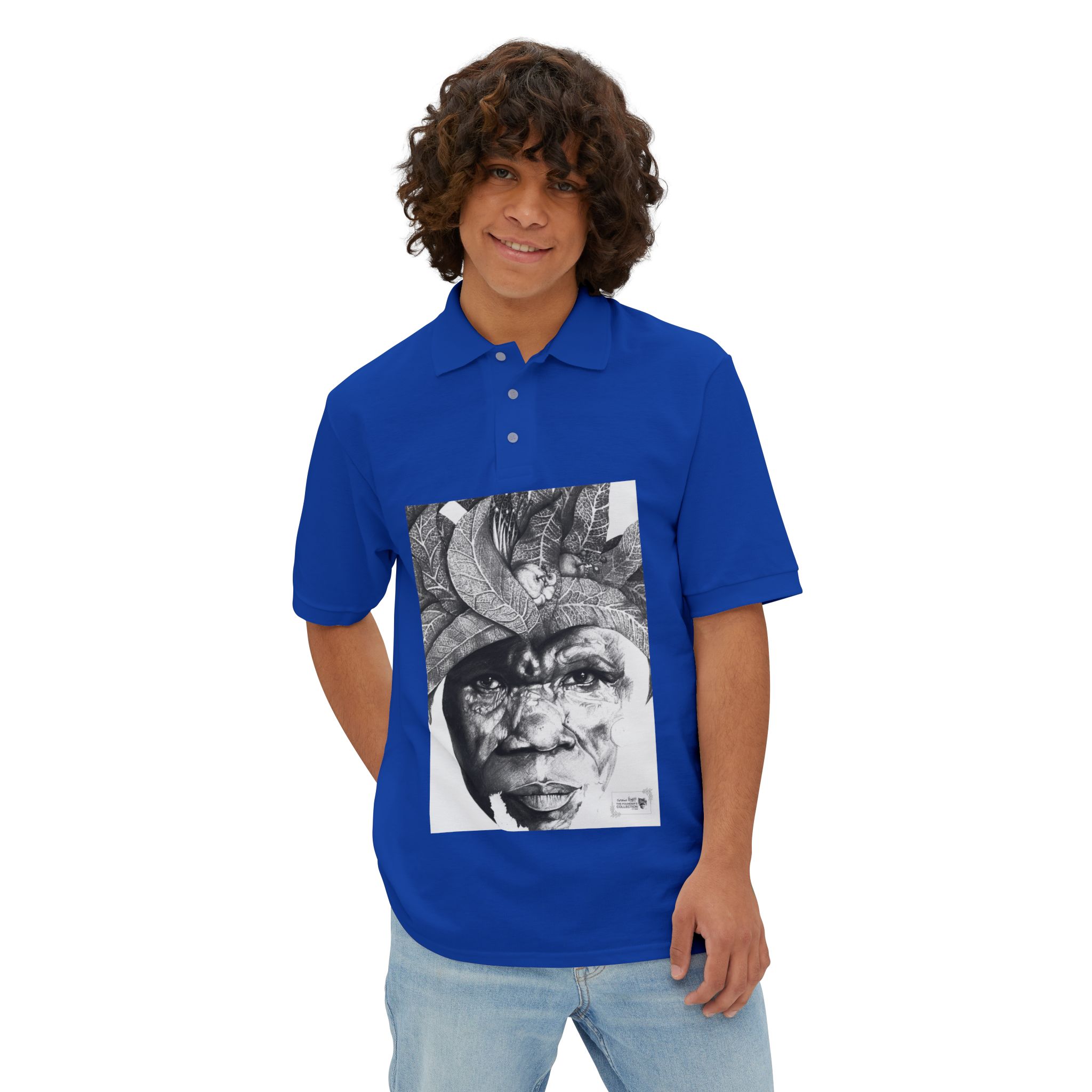 Men's Polo with Monochrome Tribal Portrait Print — Graphic Art Polo Shirt - Image 19