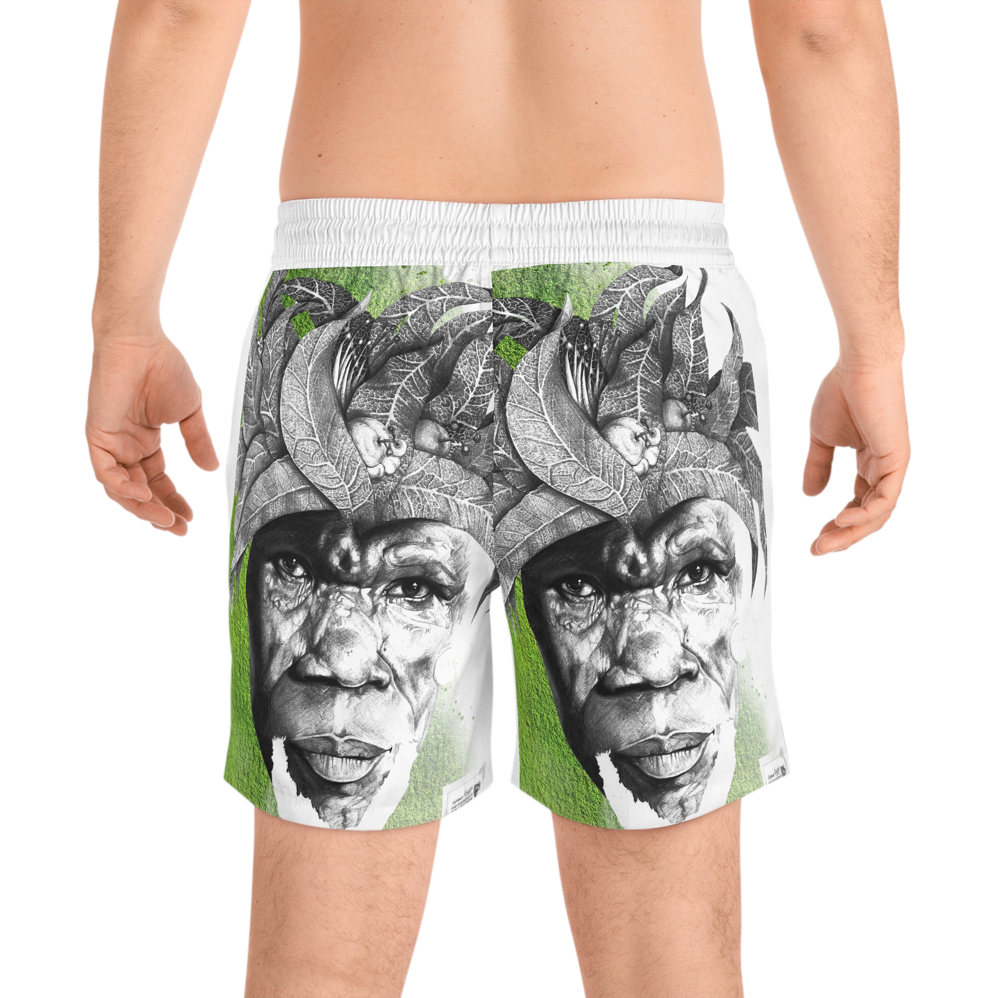 Men's Swim Shorts — Green Portrait AOP Beach Trunks - Image 8