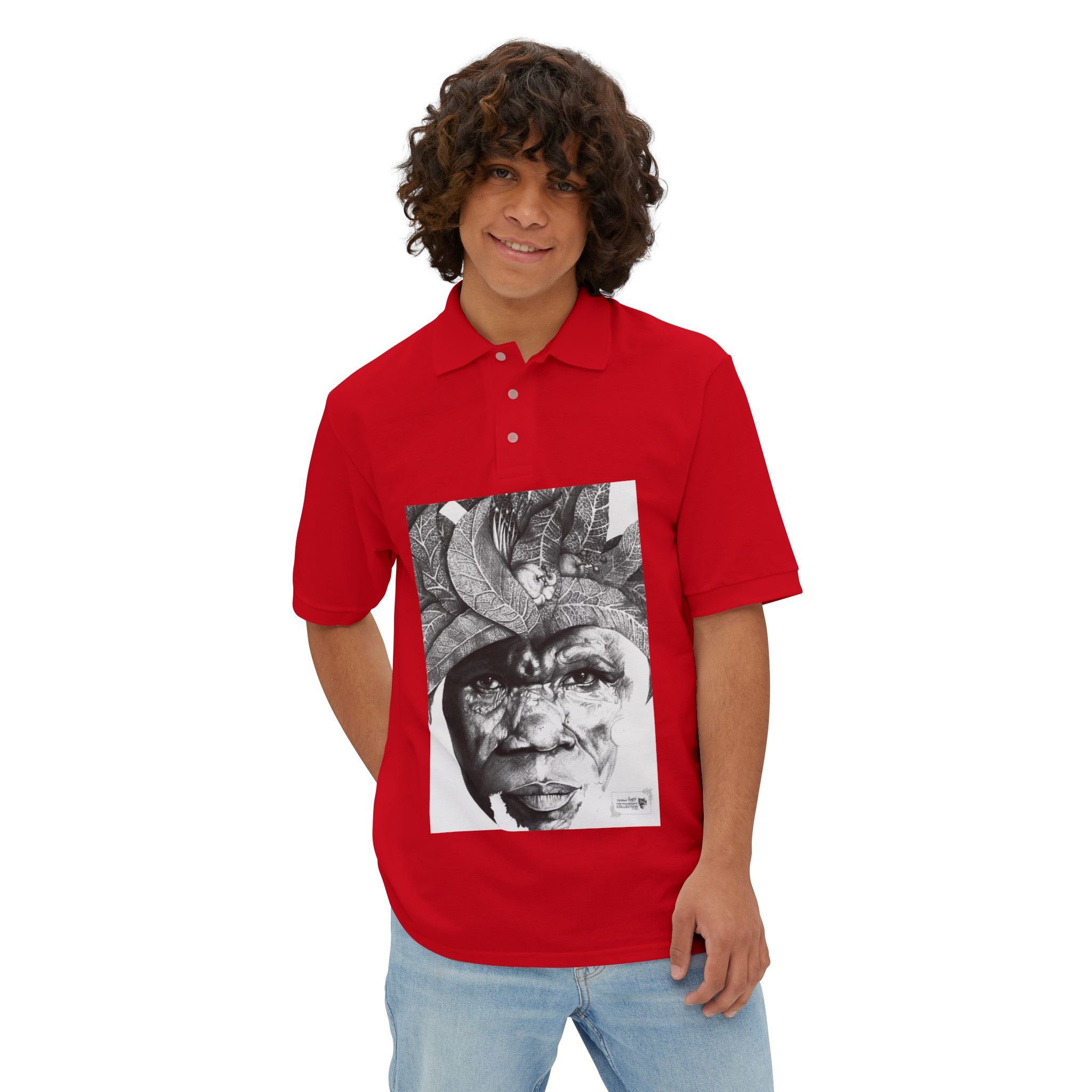 Men's Polo with Monochrome Tribal Portrait Print — Graphic Art Polo Shirt - Image 23