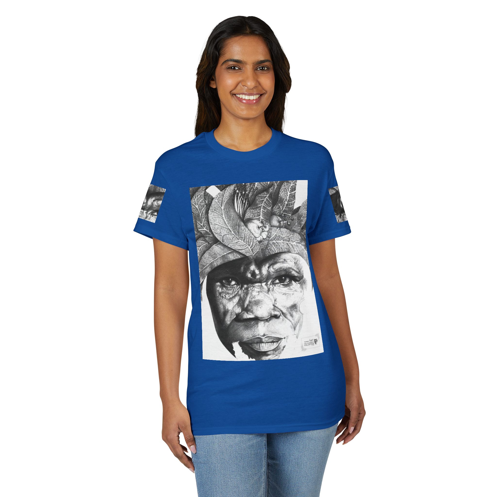 Tribal Face Collage T-Shirt — Black & White Portrait Graphic Tee - Image 52