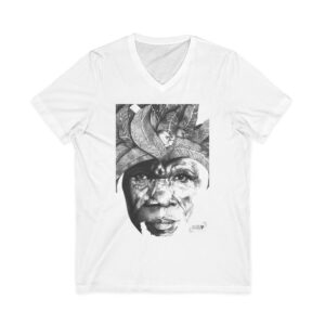 Tribal Elder Portrait V-Neck Tee — Black & White Ethnic Art T-Shirt