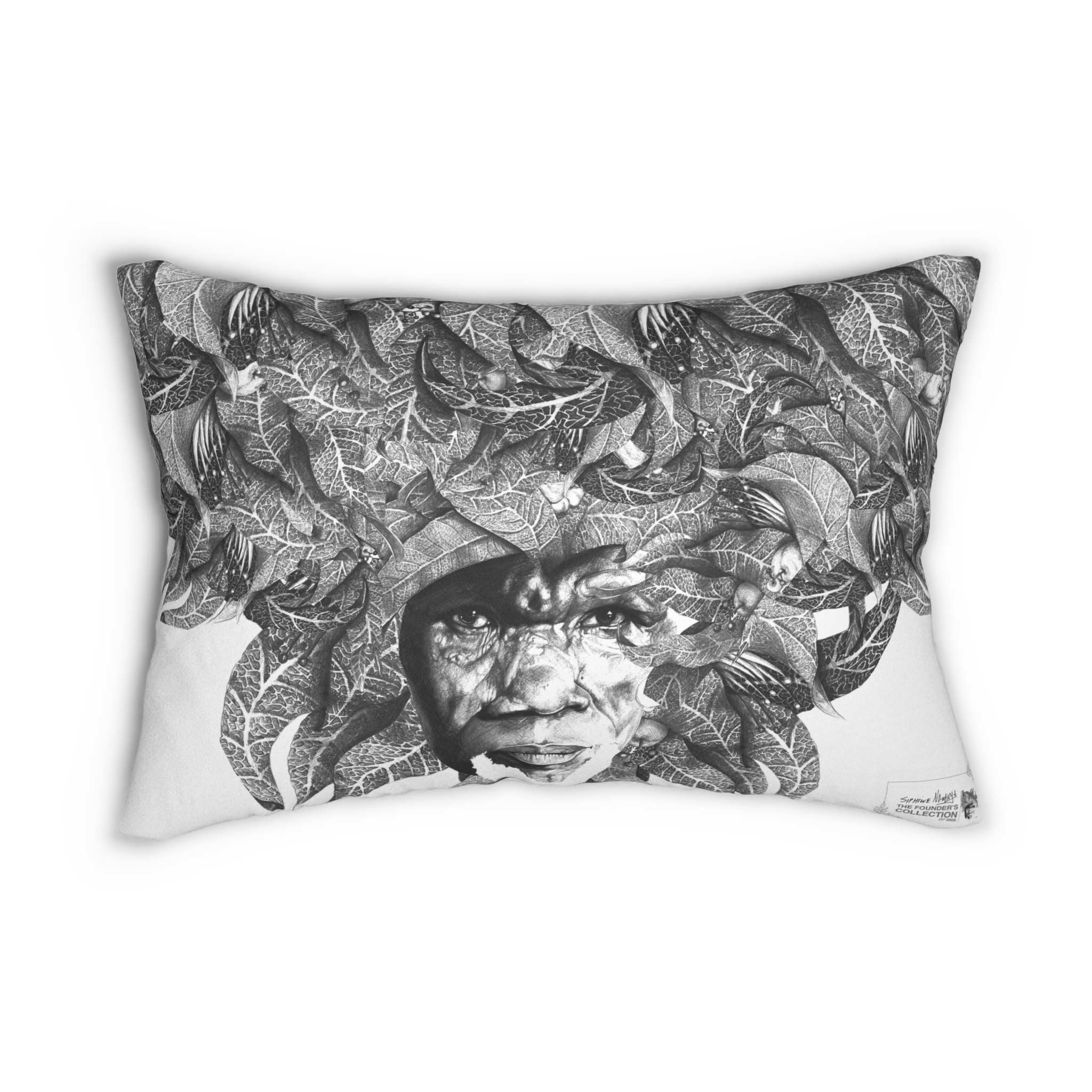 Lumbar Pillow — Black & White Surreal Face with Leaf Hair Decorative Accent