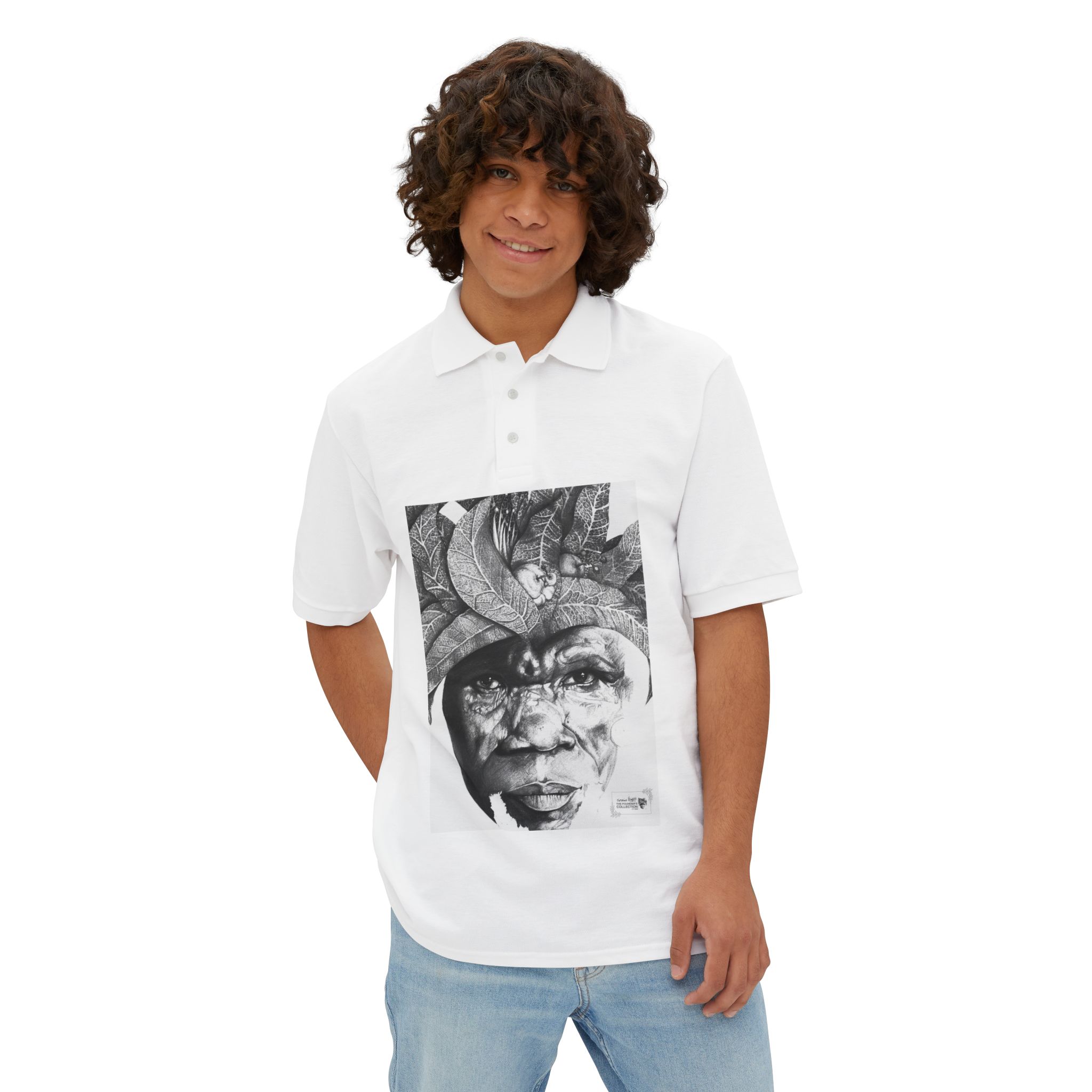 Men's Polo with Monochrome Tribal Portrait Print — Graphic Art Polo Shirt - Image 3