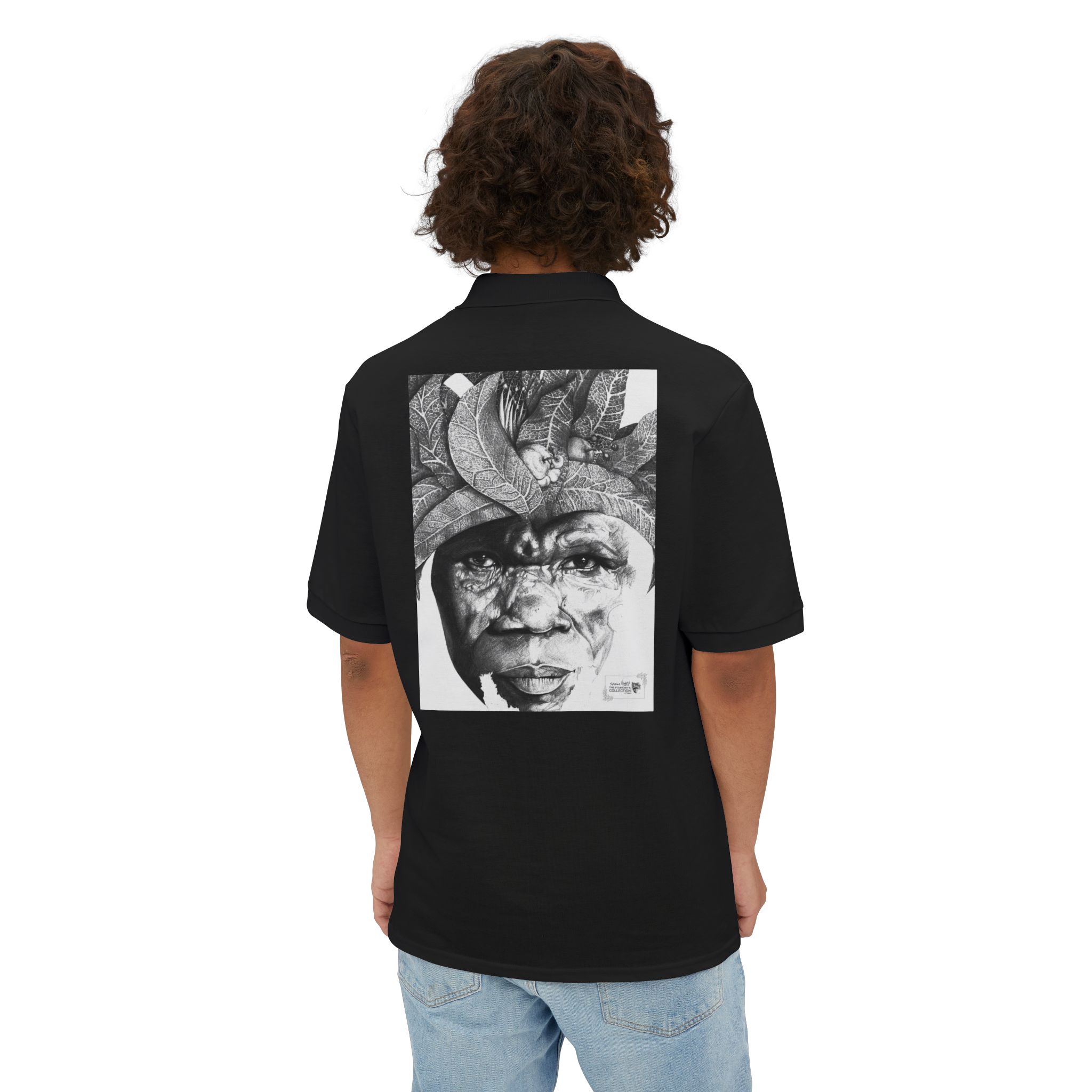 Men's Polo with Monochrome Tribal Portrait Print — Graphic Art Polo Shirt - Image 8