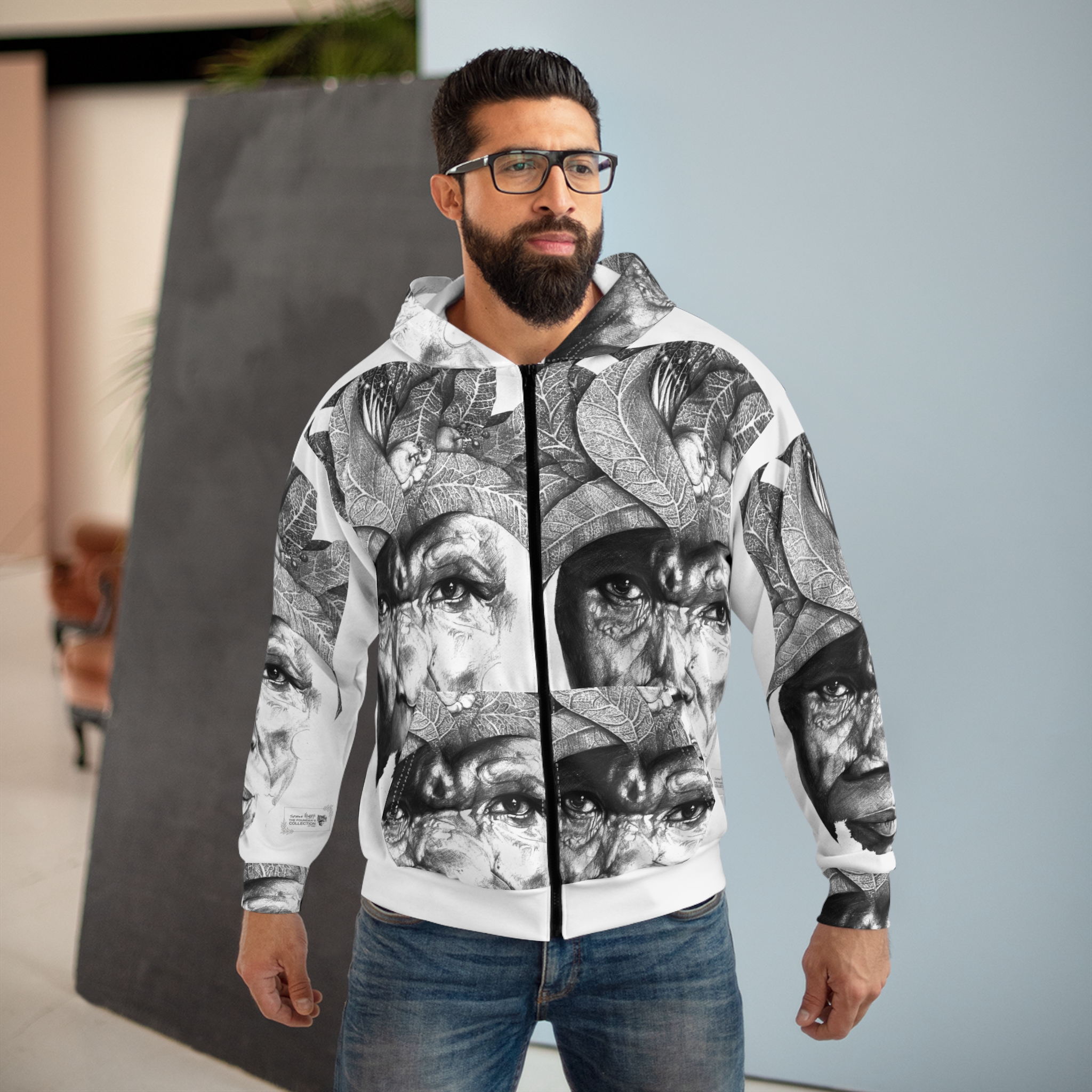 Portrait Art Hoodie — Monochrome Elder Face All-Over Print Zip Hoodie - Image 3