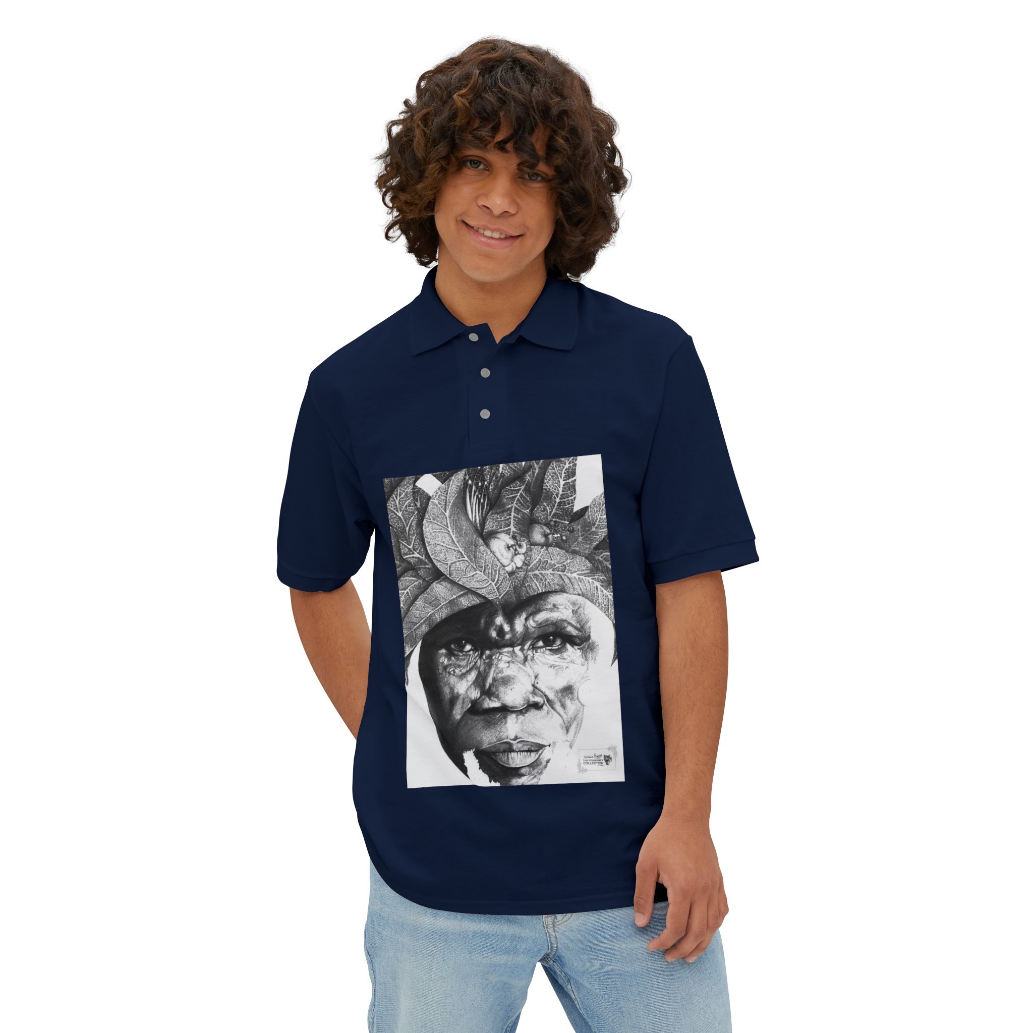 Men's Polo with Monochrome Tribal Portrait Print — Graphic Art Polo Shirt - Image 11