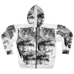 Portrait Art Hoodie — Monochrome Elder Face All-Over Print Zip Hoodie