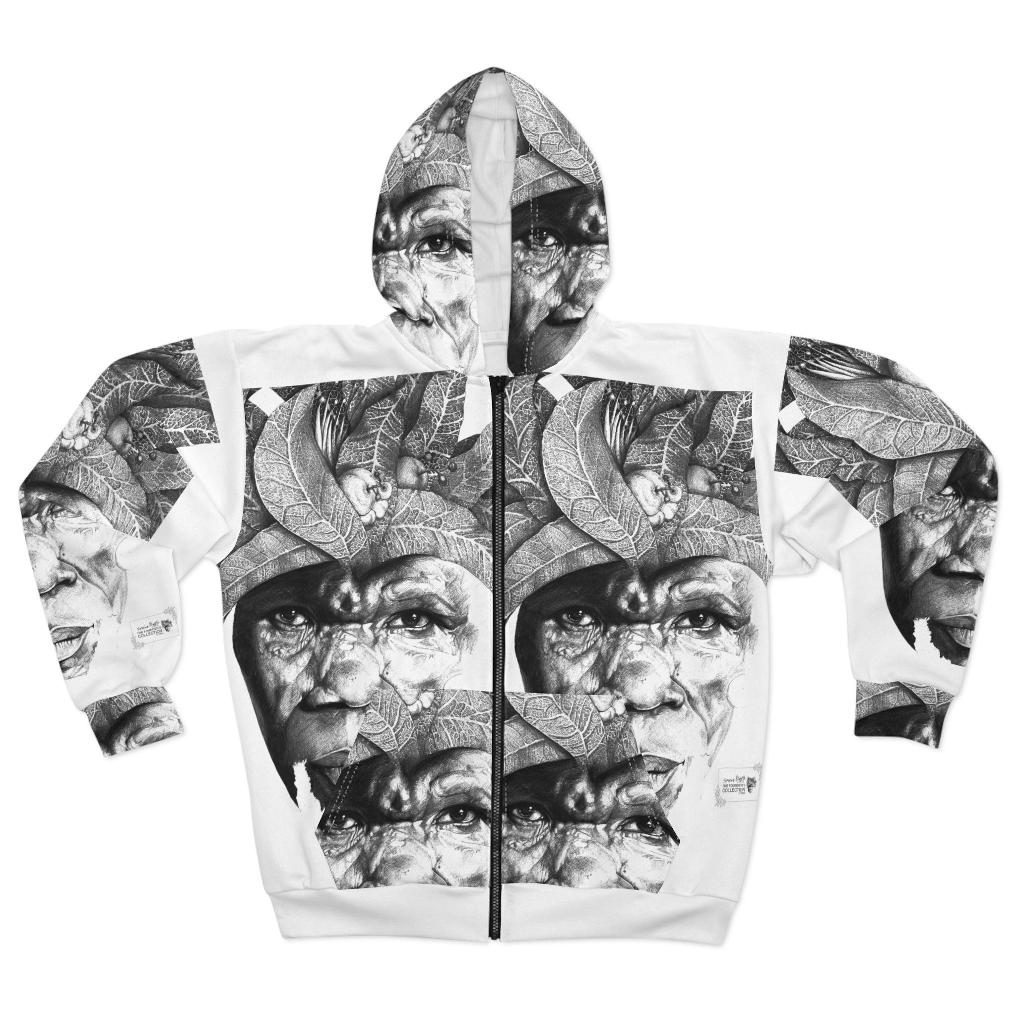 Portrait Art Hoodie — Monochrome Elder Face All-Over Print Zip Hoodie