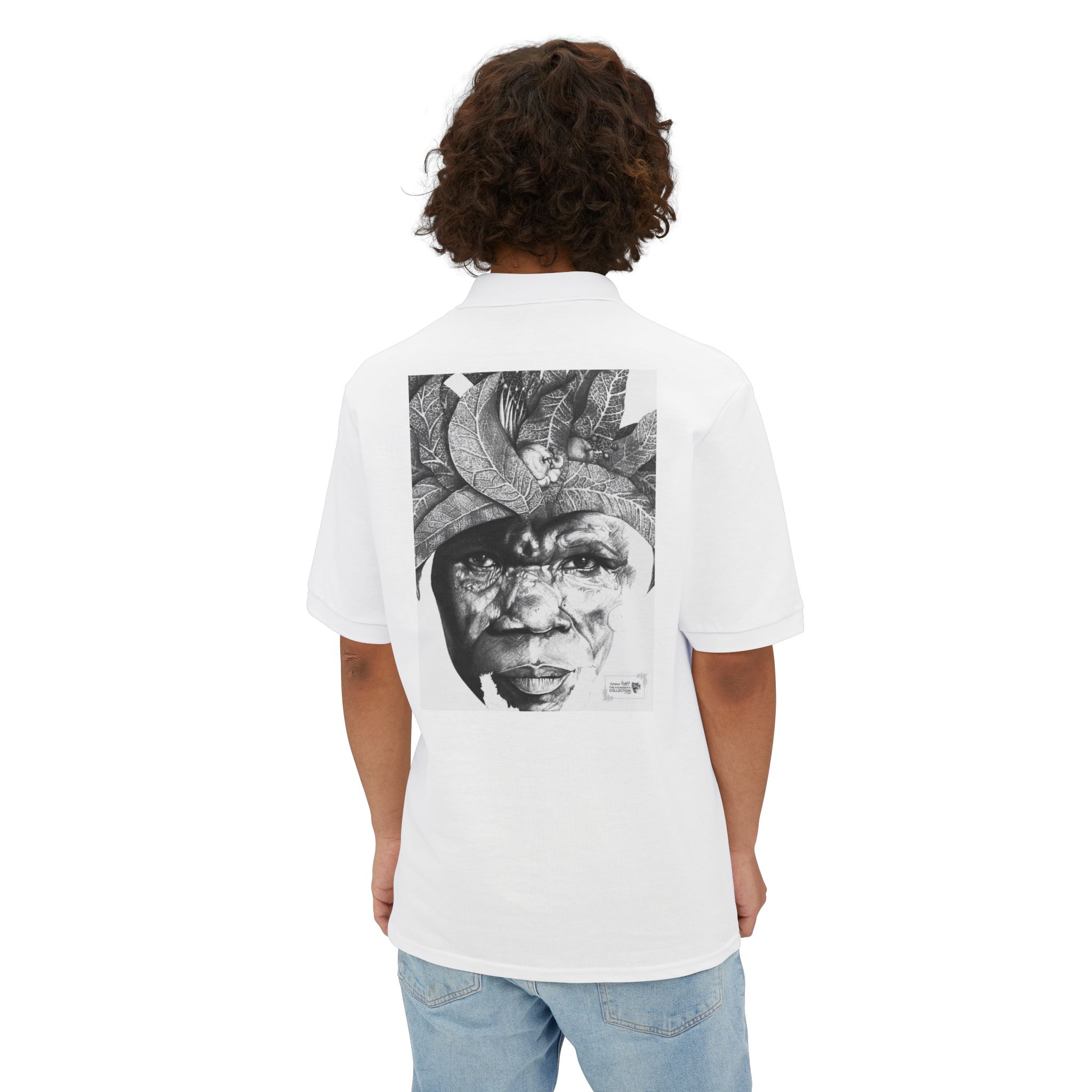 Men's Polo with Monochrome Tribal Portrait Print — Graphic Art Polo Shirt - Image 4