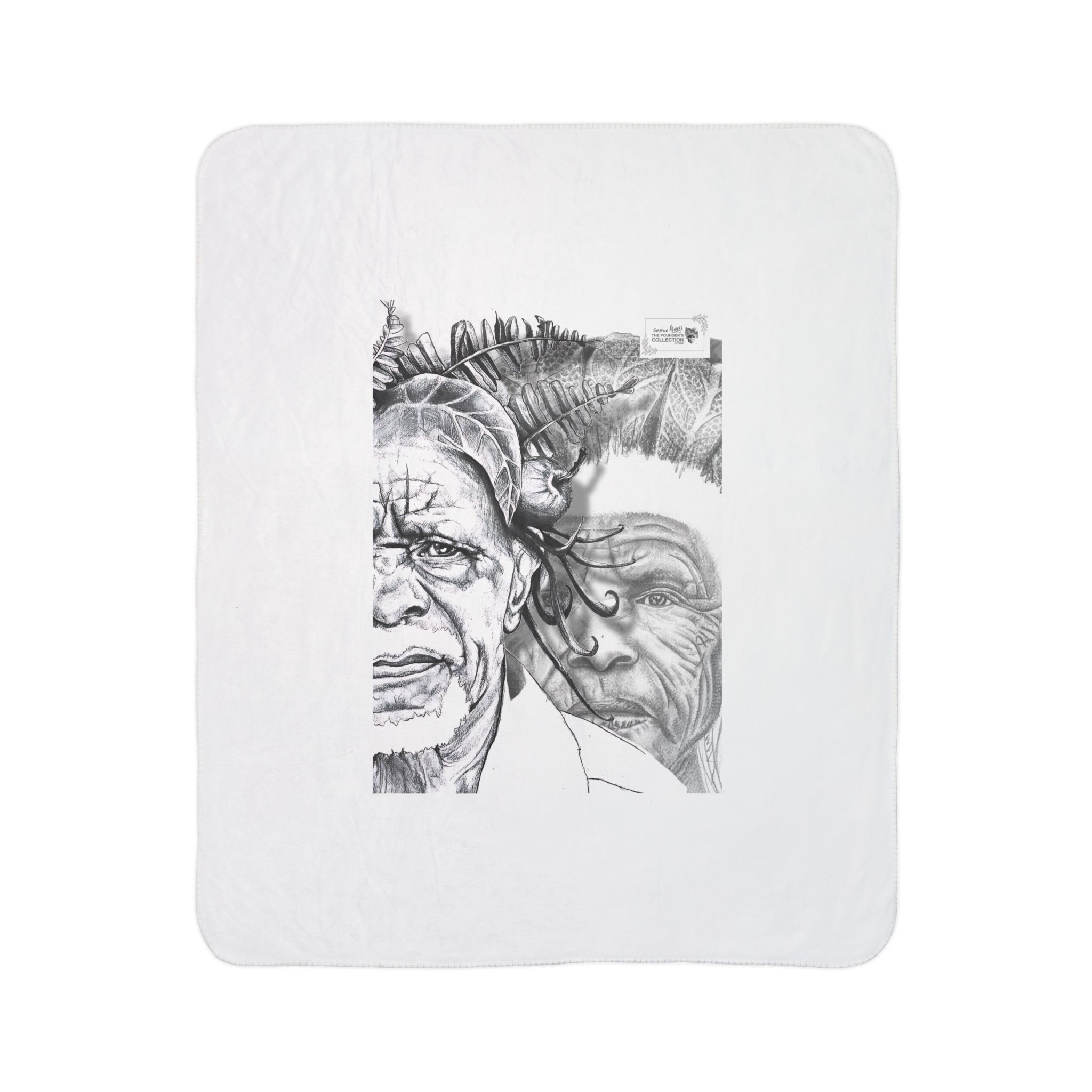 Sherpa Blanket with Tribal Face Sketch — Black & White Art Throw