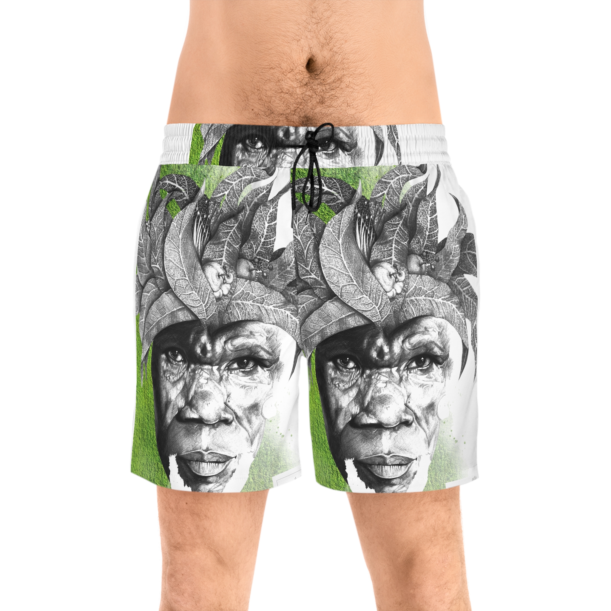 Men's Swim Shorts — Green Portrait AOP Beach Trunks - Image 7