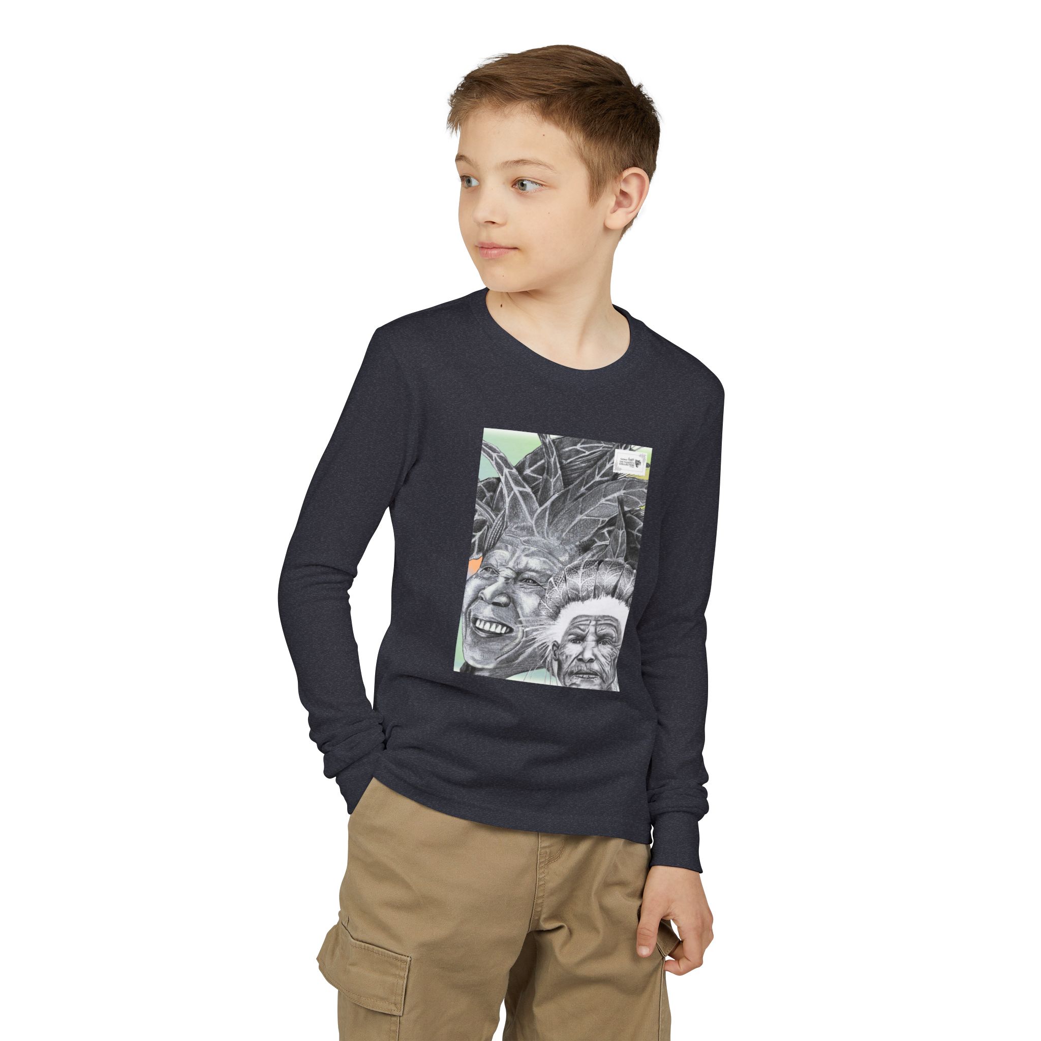 Youth Long Sleeve Tee — Vintage Indigenous Portrait Graphic - Image 35